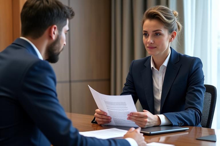 Un avocat d'Ocre Véhicule expliquant un document juridique à un client, symbolisant le conseil et la protection.