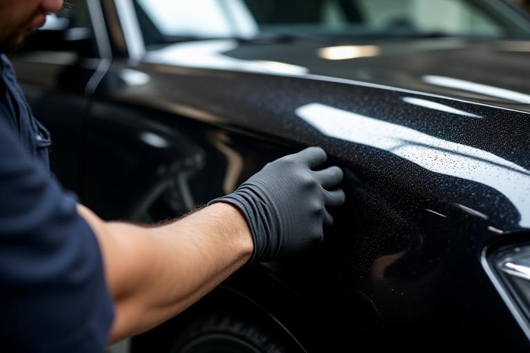 Un technicien d'Ocre Véhicule appliquant méticuleusement un revêtement céramique sur la carrosserie d'une voiture de luxe.