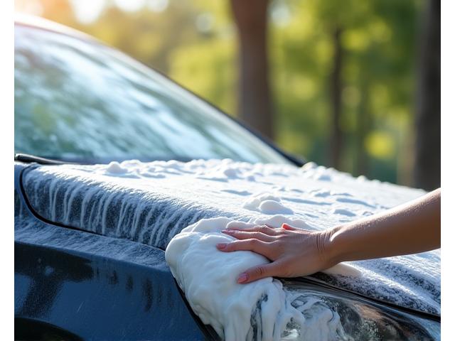 Voiture en cours de lavage avec des produits moussants écologiques, environnement naturel en arrière-plan